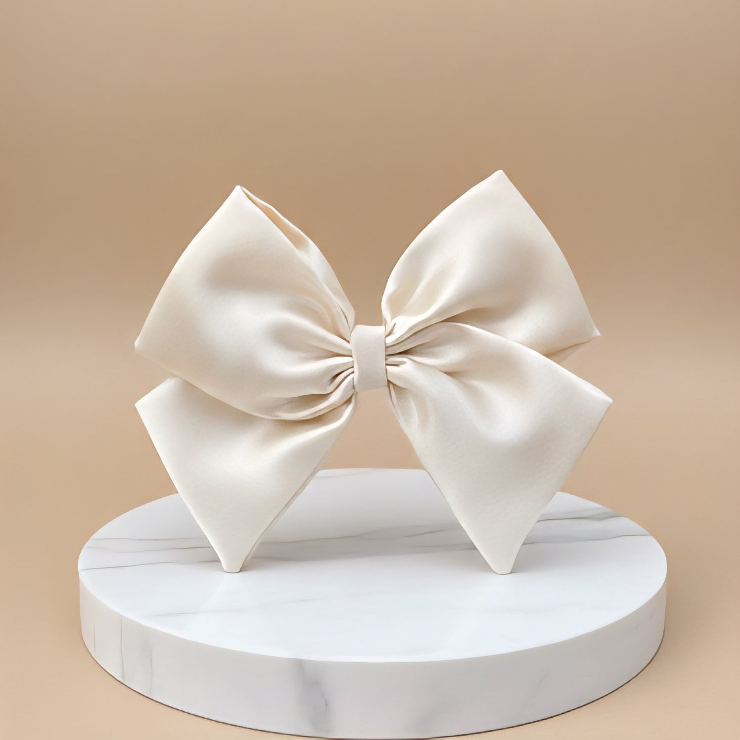 Large beige bow on a white stand against a beige background
